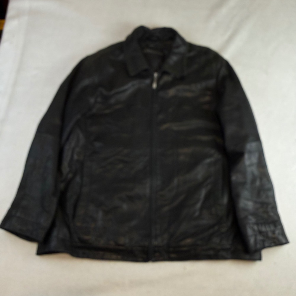 Claiborne Mens Black Genuine Leather Full Zip Jacket L Lambskin Quilted Lined